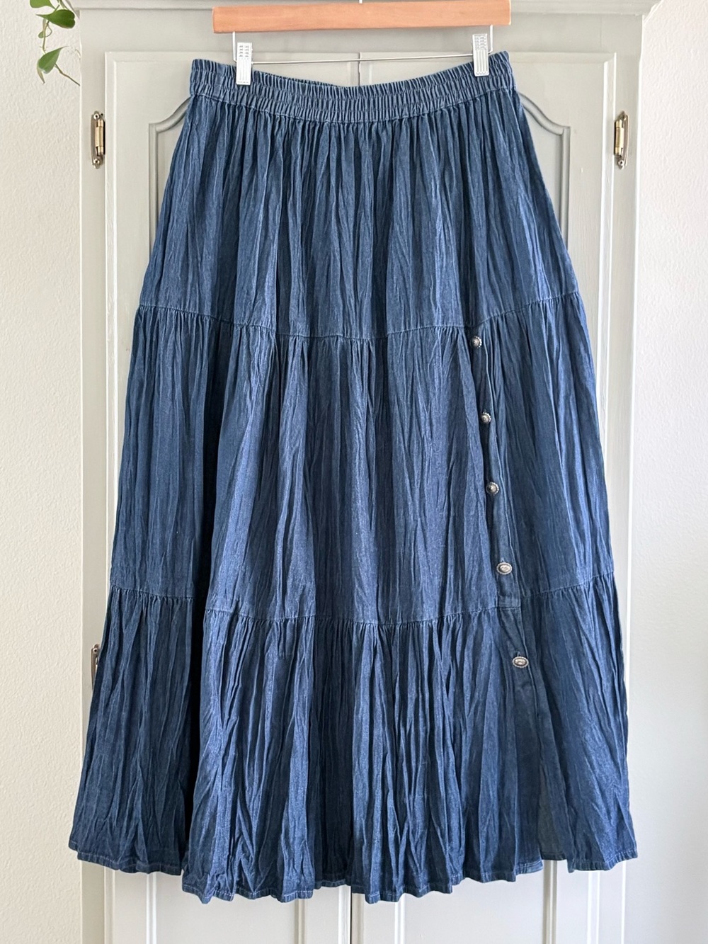 Vintage CRAZY COWGIRL Tiered Denim Western Prairie Jean Skirt | Size Large
